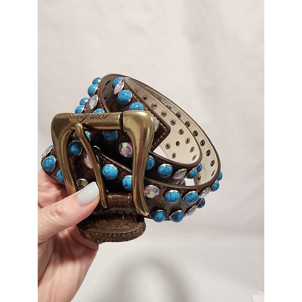 Guess Womens Bronze Metallic Turquoise Rhinestone Studded Western Belt Medium